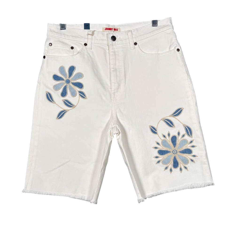 Johnny Was Jules Bermuda Shorts White Embroidered Floral High Rise 29